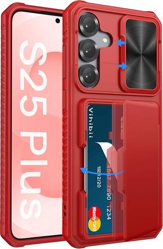 Vihibii for Samsung Galaxy S25+ Plus Case with Card Holder (4 Cards), [RFID Blocking] & Slide Camera Cover, Military Grade Drop Protection, Rugged Wallet Case for Galaxy S25+ Plus 6.7" 5g, Red in Kuwait
