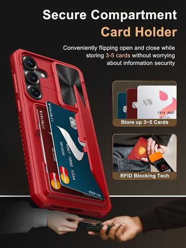 Vihibii for Samsung Galaxy S25+ Plus Case with Card Holder (4 Cards), [RFID Blocking] & Slide Camera Cover, Military Grade Drop Protection, Rugged Wallet Case for Galaxy S25+ Plus 6.7" 5g, Red in Kuwait