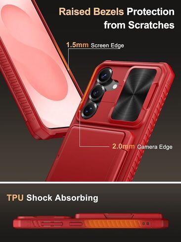 Vihibii for Samsung Galaxy S25+ Plus Case with Card Holder (4 Cards), [RFID Blocking] & Slide Camera Cover, Military Grade Drop Protection, Rugged Wallet Case for Galaxy S25+ Plus 6.7" 5g, Red in Kuwait