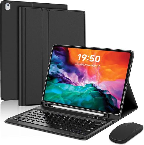 حافظة لوحة مفاتيح قابلة للفصل مع ماوس لجهاز iPad Pro مقاس 12.9 بوصة - غطاء فوليو ذكي قابل لإعادة الشحن مع حامل أقلام للجيل الأول والثاني (2015/2017)، كتابة بلوتوث لاسلكية للعمل والدراسة in Kuwait