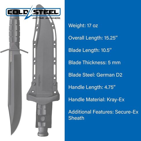 Cold Steel Leatherneck Bowie 10.5" German D2 Razor-Sharp Blade 4.75" Kray-Ex Durable Handle Tactical Outdoor Fixed Blade Knife w/Secure-Ex Sheath in Kuwait