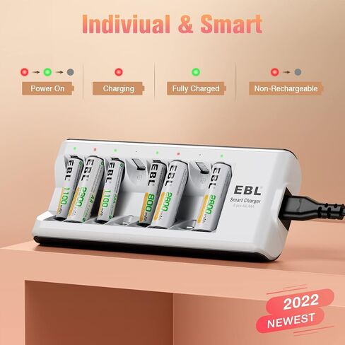 EBL Rechargeable AAA Batteries with Charger, 8 Pack of Triple A Batteries Rechargeable Battery 800mAh with Smart 8 Bay Battery Charger AA AAA in Saudi Arabia