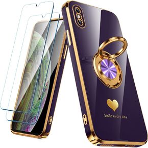 Compatible for iPhone X/XS Case with 2 Pack Screen Protector, 360° Rotatable Ring Holder [Luxury Hearts Pattern] Plating Gold Edge Slim Soft Phone Case for iPhone X/XS - Blue in Kuwait