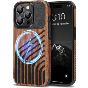 TENDLIN Magnetic Case Compatible with iPhone 15 Pro Max Case Wood Grain with Carbon Fiber Texture Design Leather Hybrid Slim Case (Compatible with MagSafe) Black in Saudi Arabia