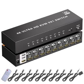 HDMI KVM Switch 9 Port, 4K@60Hz KVM Switch 9 Computers Share 1 Monitor and Keyboard Mouse, with USB 2.0 Ports, Support Button Switch/IR Remote Control, Adaptive EDID, Plug and Play.No EDID Simulation in Saudi Arabia