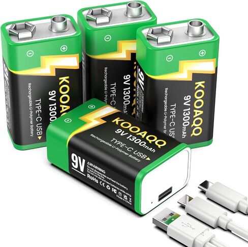 4-Pack Rechargeable 9v Batteries, USB-C Recharge 1300mAh 9 Volt Lithium-ion Long Lasting Power for SmokAlarms, Microphones, Multimeters, Walkie-Talkie, Metal Detector, Toys, with 2 in 1 Charging Cable in Kuwait