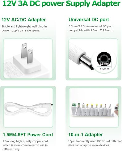12V 3A Power Supply AC Adapter 36W AC 100V-240V to DC 12V 3A Power Cord in Kuwait