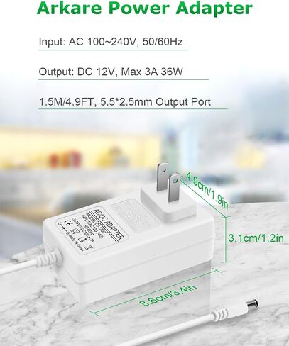 12V 3A Power Supply AC Adapter 36W AC 100V-240V to DC 12V 3A Power Cord in Kuwait