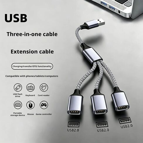 USB Hub, 3‑Port USB 2.0 OTG Splitter, 1‑to‑3 USB A Multi‑Port Adapter with Braided Cable, USB Expander for Laptop PC, Connect Flash Drive, Mouse, Keyboard, Game Controller in Saudi Arabia