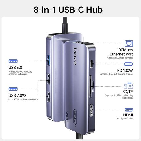 8-in-1 USB C Hub Adapter for MacBook, 4K60Hz HDMI, 100W PD Charging, USB 3.0, USB 2.0 * 2, SD/TF Card Reader, 100M Ethernet, 7 Ports Dongle for MacBook Pro/Air, iPad Pro, iPhone in Saudi Arabia