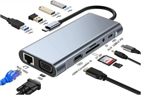 Docking Station 11 in 1 Type-C to HDMI USB C Multiport Adapter with 4xUSB, RJ45 100MB, VGA, 4K 30Hz, TF/SD Card, 3.5mm Audio, PD 100W USB Hub Splitter Adapter for PC Laptop in Saudi Arabia