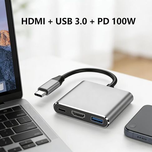 1pc USB C Hub, Type-C to HDMI USB 3.0 PD 100W Adapter, 3-in-1 Aluminum Dock for Laptop, MacBook, Tablet, Monitor, Office Travel Home in Saudi Arabia