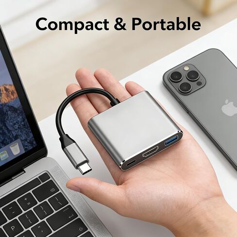 1pc USB C Hub, Type-C to HDMI USB 3.0 PD 100W Adapter, 3-in-1 Aluminum Dock for Laptop, MacBook, Tablet, Monitor, Office Travel Home in Saudi Arabia
