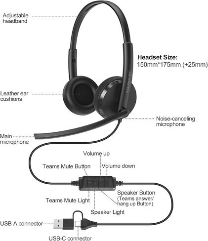 Wired USB Headset with Dual Microphones, Noise-reducing, On-Ear Headphones in-Line Volume & Mute Control, USB-A & USB-C Connectors for PC/Laptop/Chromebook (Not Suitable for iPhone and iPad) in Saudi Arabia