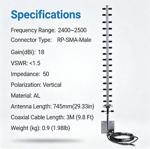 18dBi 2.4GHz WiFi Yagi Antenna, High Gain Directional Outdoor Antenna with 3m Cable, RP-SMA Male, Long Range Wireless Antenna for Router, Access Point and 2.4GHz Devices in Saudi Arabia