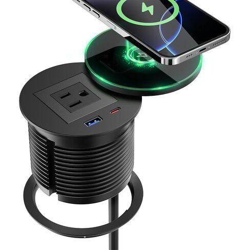 QBA Recessed Power Grommet with 15W Wireless Charger, PD 30W USB-C Port, 1 AC Outlet, 3-1/8 Inch Flush Mount Power Strip for Furniture Nightstand Desk Outlet, ETL Listed in Kuwait