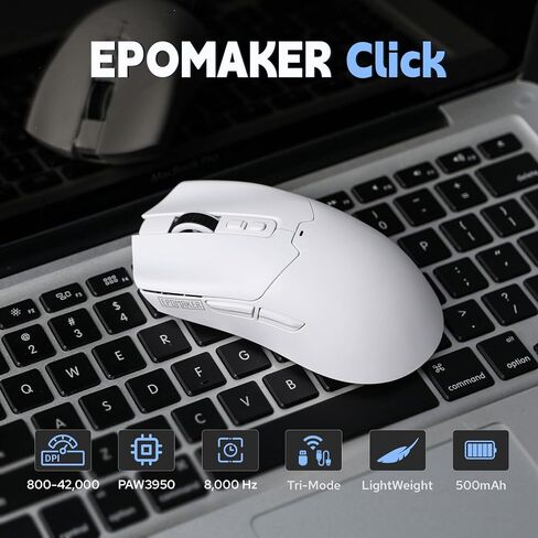 EPOMAKER Click Gaming Mouse لاسلكي 2.4 جيجا هرتز/BT/Type-C، 800 إلى 42000 نقطة لكل بوصة قابلة للتعديل، معدل استقصاء 8K، 500 مللي أمبير، ماوس بصري خفيف الوزن، للكمبيوتر الشخصي/Mac/Linux (أبيض) in Kuwait