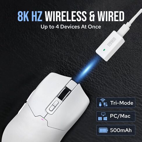 EPOMAKER Click Gaming Mouse لاسلكي 2.4 جيجا هرتز/BT/Type-C، 800 إلى 42000 نقطة لكل بوصة قابلة للتعديل، معدل استقصاء 8K، 500 مللي أمبير، ماوس بصري خفيف الوزن، للكمبيوتر الشخصي/Mac/Linux (أبيض) in Kuwait