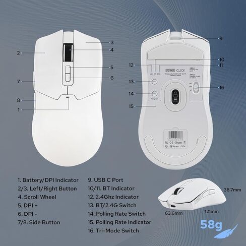 EPOMAKER Click Gaming Mouse لاسلكي 2.4 جيجا هرتز/BT/Type-C، 800 إلى 42000 نقطة لكل بوصة قابلة للتعديل، معدل استقصاء 8K، 500 مللي أمبير، ماوس بصري خفيف الوزن، للكمبيوتر الشخصي/Mac/Linux (أبيض) in Kuwait