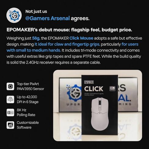 EPOMAKER Click Gaming Mouse لاسلكي 2.4 جيجا هرتز/BT/Type-C، 800 إلى 42000 نقطة لكل بوصة قابلة للتعديل، معدل استقصاء 8K، 500 مللي أمبير، ماوس بصري خفيف الوزن، للكمبيوتر الشخصي/Mac/Linux (أبيض) in Kuwait