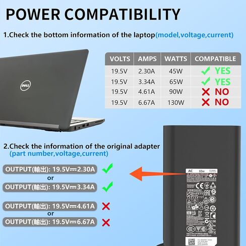 65W 19.5V 3.34A 7.4mm Tip Laptop Charger Compatible with Dell Latitude Series AC Adapter Power Cord in Kuwait