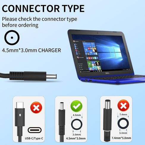 45W Round Tip Laptop Charger Fit for Dell Inspiron 13 14 15 3000 5000 7000 Series 15-3552 3555 3558 3565 3567 5551 5552 5555 5558 5559 DA45NM140 LA45NM140 19.5V 2.31A AC Adapter Power Cord in Kuwait
