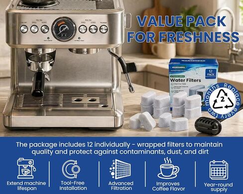 12 Pack Replacement Charcoal Water Filters for Chefman Crema Supreme Espresso Machine, Activated Carbon Water Filters for Crema Deluxe Coffee Maker, Compatible with Chefman Espresso Machine Parts in Kuwait