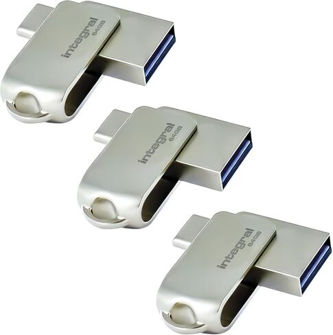 Integral 3 Pack 64GB 360-Dual USB 3.2 Gen 1 Type C and Type A Flash Drive with Solid Metal Casing, Fast Transfer Speeds and Simply Plug and PlayIPhone 15, 16 series, Macbook Pro/Air and Ipad Pro in Kuwait
