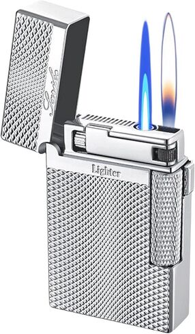 Dual Flame Torch Lighter, Silver, Refillable Butane Flip-Top with Diamond Textured Finish in Saudi Arabia