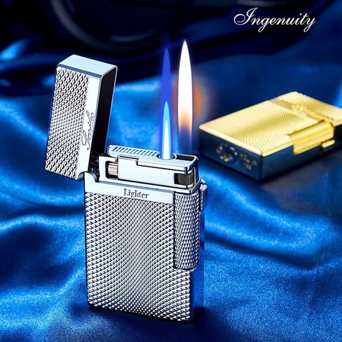 Dual Flame Torch Lighter, Silver, Refillable Butane Flip-Top with Diamond Textured Finish in Saudi Arabia