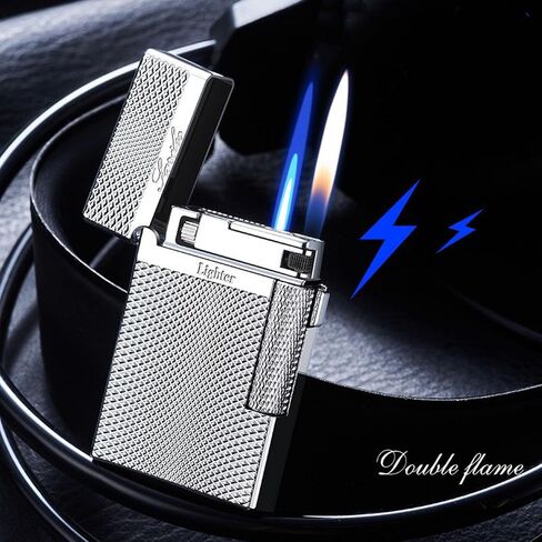 Dual Flame Torch Lighter, Silver, Refillable Butane Flip-Top with Diamond Textured Finish in Saudi Arabia