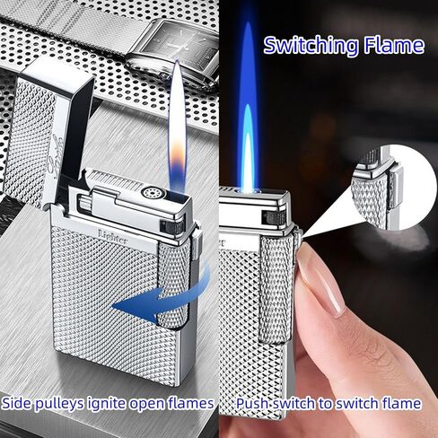 Dual Flame Torch Lighter, Silver, Refillable Butane Flip-Top with Diamond Textured Finish in Saudi Arabia