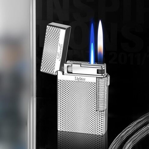 Dual Flame Torch Lighter, Silver, Refillable Butane Flip-Top with Diamond Textured Finish in Saudi Arabia