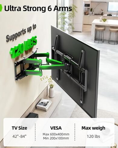 USX MOUNT Full Motion TV Wall Mount for 42-82 Inch TVs up to 120lbs, Wall Mount TV Bracket with Articulating Swivel Tilt Extension Leveling, Max VESA 600x400mm Fits 12/16" Wood Stud in Kuwait