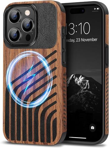 TENDLIN Magnetic Case Compatible with iPhone 15 Pro Max Case Wood Grain with Carbon Fiber Texture Design Leather Hybrid Slim Case (Compatible with MagSafe) Black in Saudi Arabia