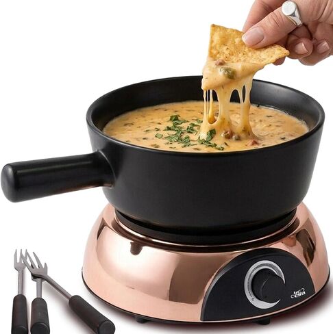 Artestia Electric Fondue Pot 2-QT 1500W ، مجموعة فوندو سويسرية ثنائية الاستخدام لذوبان الجبن والشوكولاتة ، والتحكم في درجة الحرارة القابلة للتعديل ، وعاء خزفي أبيض مع قاعدة من الذهب الوردي وشوكات 6 in Kuwait