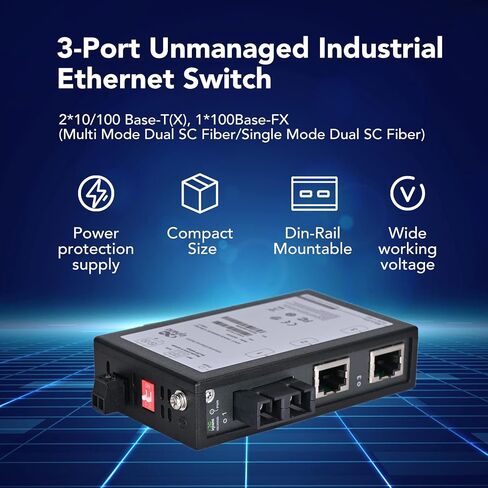 InHand Networks 3 Port Unmanaged Industrial Ethernet Switch, Media Converter, 2*10/100 Base-T(X),1*100Base-FX, Multi Mode Dual SC Fiber, Working Temperature -40° – 75°C, IP30, 2KM, UL Certification in Saudi Arabia