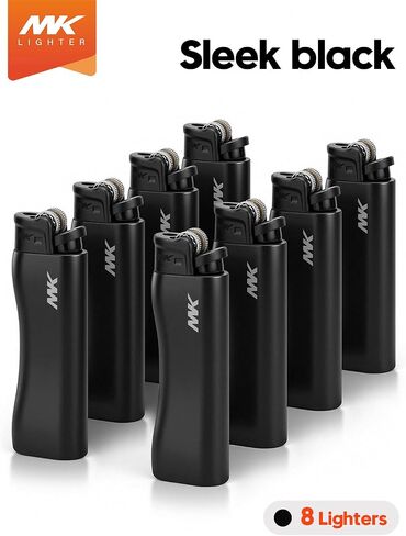 MK Lighter 9G Flint Strike Refillable Lighters, Ideal to use as Candle, BBQ Lighters, Butane Lighter, Classic Pocket Lighter, All-Black Colors, 8-Pack (HUE-BLK-8PC) in Saudi Arabia