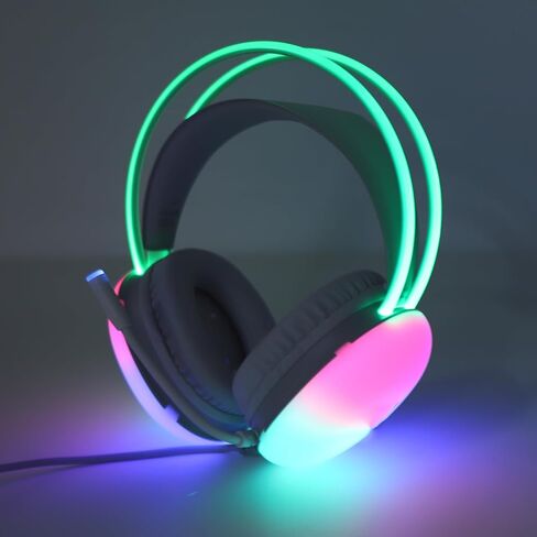 Gaming Headset RGB Rainbow Lighting Wired Adjustable Headband Over Ear Headphone with Mic for PC Laptop (White) in Saudi Arabia