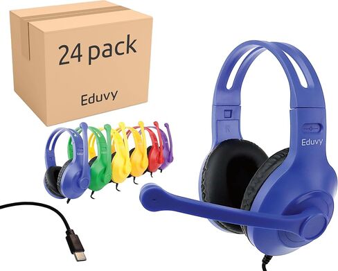 Bulk Type C Headphones for Classroom with Microphone. Heavy-Duty School Pack Wired Headphones for Students with Rotating Boom Mic. Fits USB C Ports on laptops and Tablets. (24 Pack Mixed Color) in Kuwait