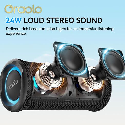 Oraolo Portable Bluetooth Speaker, Wireless Speakers with 24W Loud Stereo Sound, Bluetooth 6.0, RGB Lights, IPX6 Waterproof, Ture Wireless Pairing, 15H Playtime, Speaker for Home Beach Party in Saudi Arabia