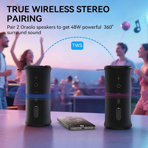 Oraolo Portable Bluetooth Speaker, Wireless Speakers with 24W Loud Stereo Sound, Bluetooth 6.0, RGB Lights, IPX6 Waterproof, Ture Wireless Pairing, 15H Playtime, Speaker for Home Beach Party in Saudi Arabia