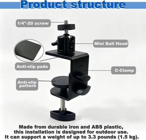 2 Pcs C-Clamp Mount with Mini Ball Head Mount, 1/4" Screw Mount Adapter Camera Clamp for Desk/Deck/Branch/Railing, Compatible with Arlo, Wyze, Ring Stick Up Cam and More (Black, 3.1in) in Saudi Arabia
