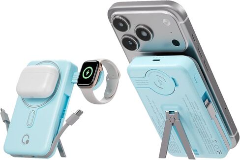 Q Magnetic Wireless Portable Charger 10,000mAh, Travel Essentials Power Bank with Built-in Cables & Foldable Stand, External Battery Pack Compatible with iPhone 17/16/15/14/13/12, Apple Watch in Kuwait