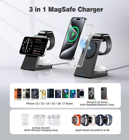 3 in 1 Magnetic Wireless Charging Station Apple 20W Charger Stand Magnetic Wireless Charger for iPhone 16 15 14 13 12 Pro/Pro Max/Plus/Mini AirPods 2/3/Pro iWatch Ultra/8/7/SE/6/5/4/3/2 (3 in 1) in Kuwait