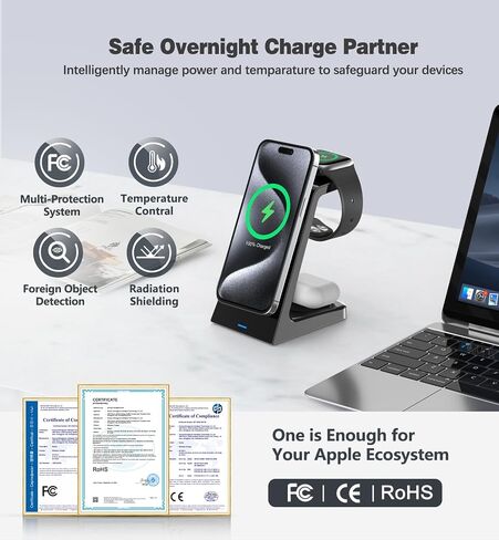 3 in 1 Magnetic Wireless Charging Station Apple 20W Charger Stand Magnetic Wireless Charger for iPhone 16 15 14 13 12 Pro/Pro Max/Plus/Mini AirPods 2/3/Pro iWatch Ultra/8/7/SE/6/5/4/3/2 (3 in 1) in Kuwait