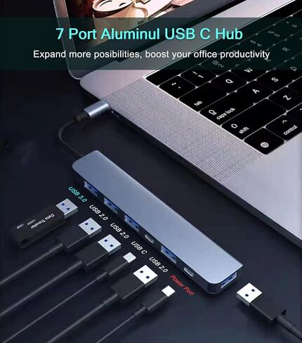 USB C Hub Splitter with Power Port, 7 in 1 Aluminum USB Port Extender Multiport USB C Adapter for MacBook, XPS, Surface and More Type C Laptops in Kuwait