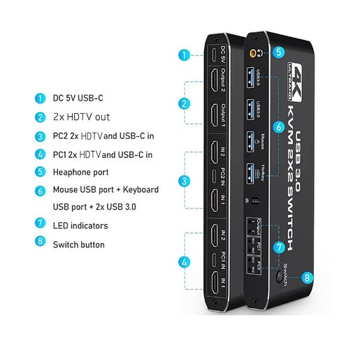 UHD 4K HDTV KVM USB Switch Splitter 2 in 2 Out for Mouse Monitor No Latency in Kuwait