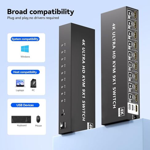 HDMI KVM Switch 9 Port, 4K@60Hz KVM Switch 9 Computers Share 1 Monitor and Keyboard Mouse, with USB 2.0 Ports, Support Button Switch/IR Remote Control, Adaptive EDID, Plug and Play.No EDID Simulation in Saudi Arabia