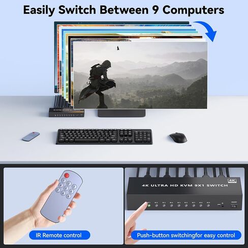 HDMI KVM Switch 9 Port, 4K@60Hz KVM Switch 9 Computers Share 1 Monitor and Keyboard Mouse, with USB 2.0 Ports, Support Button Switch/IR Remote Control, Adaptive EDID, Plug and Play.No EDID Simulation in Saudi Arabia